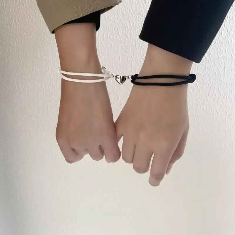 2pcs Black White Bracelets Set Adjustable Hand Rope Love Magnetic Charm Couple Friends Keepsake Party Fashion Elegant Gift