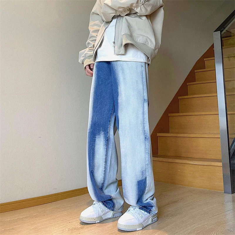 Young Men's Tie-dye Loose Straight Jeans Street Hip-hop Baggy Wide-leg Pants Korean Style Fashion  Skateboard Casual Pants