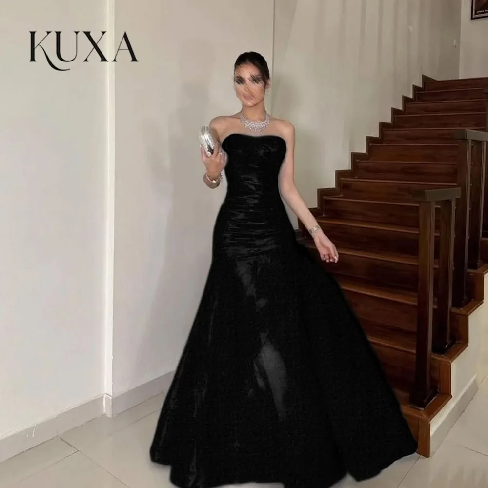 KUXA Customized Black A-Line Sexy Evening Dresses Elegant Floor-Length Strapless Sleeveless Saudi Prom Gowns robes de soirée
