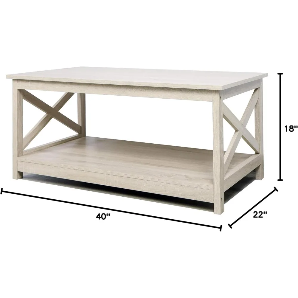 Coffee Table, Modern Farmhouse Wood Coffee Table with 2-Tier Storage, 40 Inch