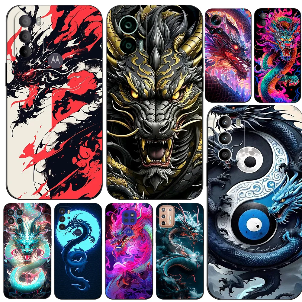 Black Tpu Case For Motorola Moto G14 G04 G24 G34 G54 G84  Phone Cover Chinese dragons