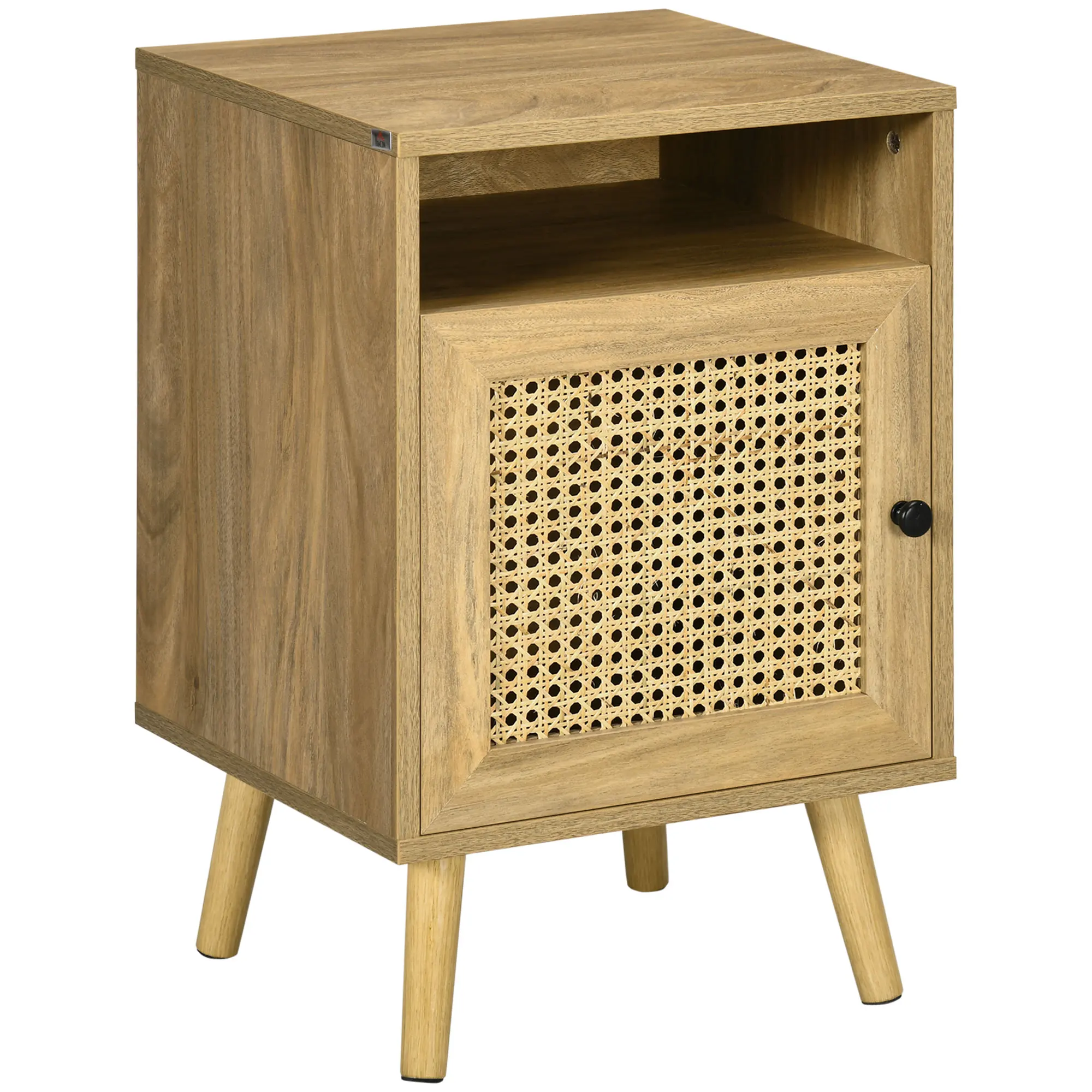 HOMCOM Mesa de noche con armario, puerta de mimbre y nicho, diseño vintage, 39x35x60 cm, natural