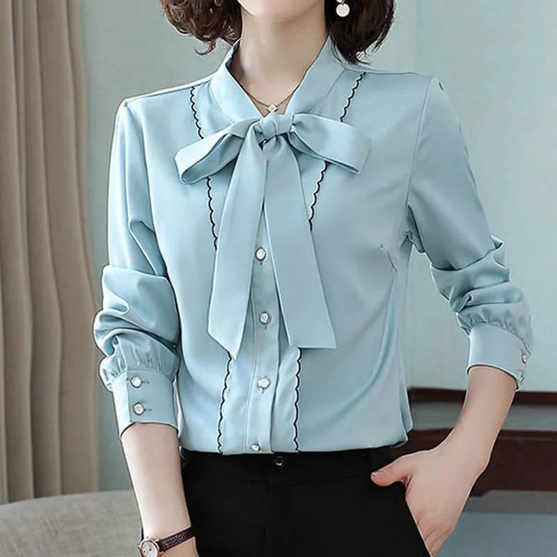 Korean Elegant Lace Up Button Shirt Female Autumn Winter Fashion Solid Color Office Lady Long Sleeve Bow Blouse Women\'s Clothing