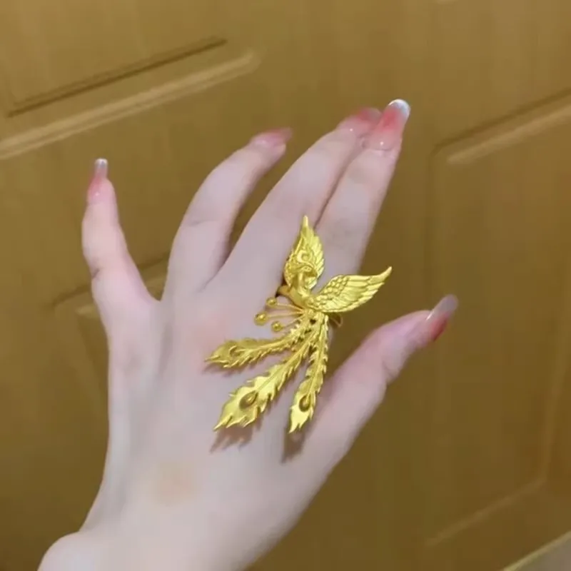 9999 gold Fat Fortune Counting Board Ring - Men's Fashion Retro 9999 gold Phoenix Flying Together Ring