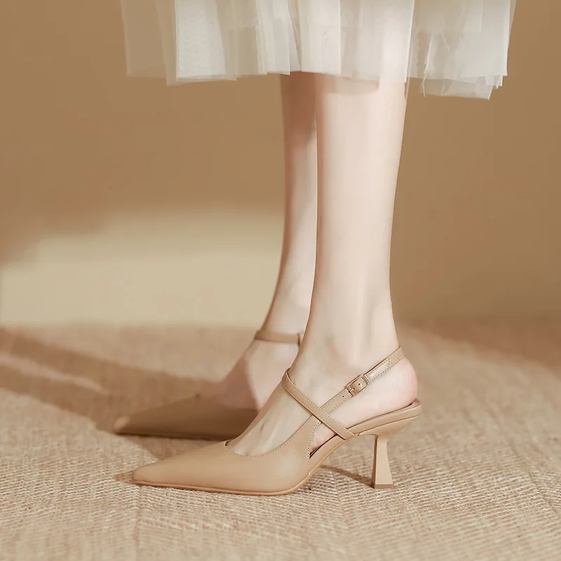 

Summer Women Shoes Pointed Toe Thin Heel Women Sandals Genuine Leather Shoes for Women Slingback Elegant High Heels Party Shoes