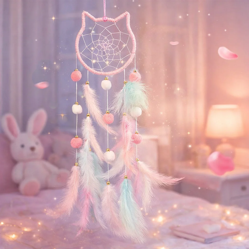 Cat Shaped Dream Catcher, Cute Handmade Pom Wall Hanging Decor for Girls Bedroom Kids Room Nursery, Gift for Women