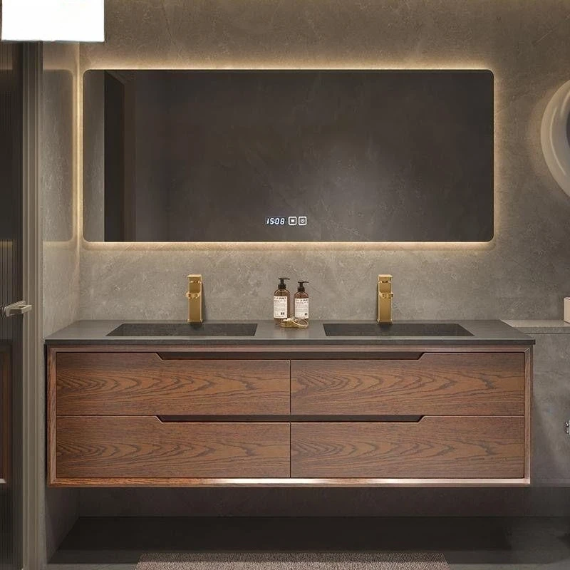 

Hongfu light luxury Chinese bathroom cabinet rock slab oak integrated washbasin ceramic seamless washbasin cabinet combination