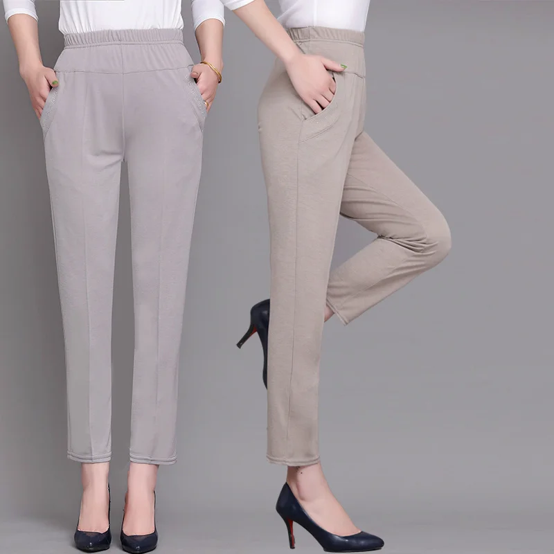 FjSummer-Pantalon droit taille haute pour femme d'âge moyen, mode décontractée, mince, élastique mère, pantalon bouffant, 2024