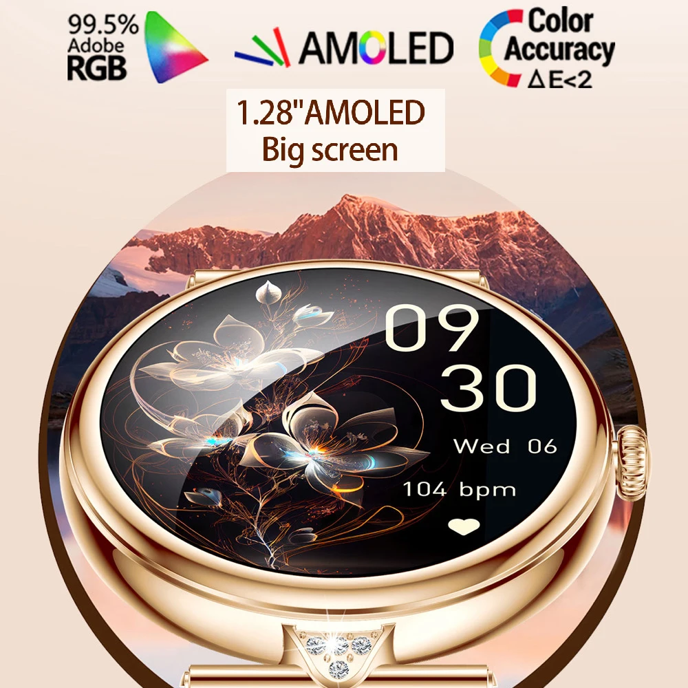 سيدة ساعة ذكية 1.28 "AMOLED شاشة بلوتوث دعوة معدل ضربات القلب الصحة المرأة ساعة اليد الفتيات الرياضة اللياقة البدنية الموسيقى Smartwatch