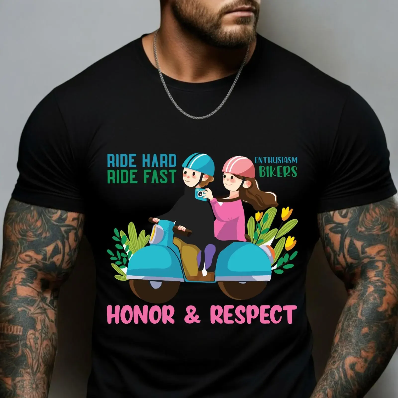 Ride Hard Fast Honor Respect Cute Scooter Couple T-Shirt Enthusiasm Biker Matching Anniversary Casual Top Vintage Washed Unisex