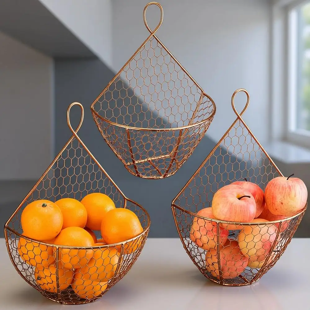 

Copper Metal Wire Wall Hanging Baskets, Kitchen Storage Organizer, Decorative Fruit Holder