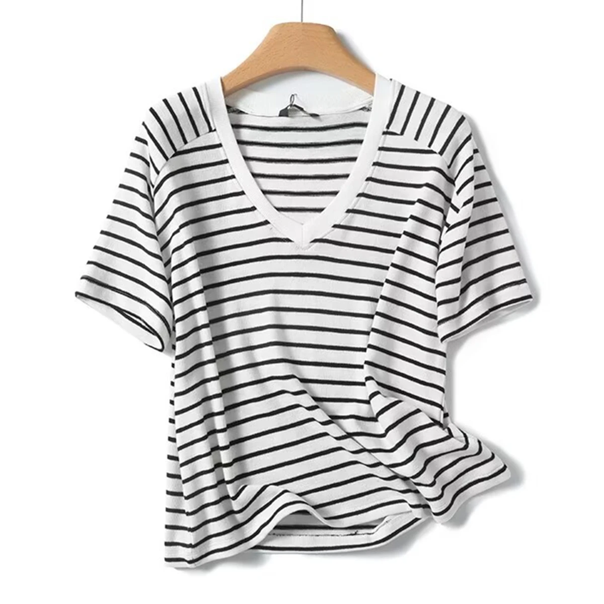 

Dave&Di Summer Fashion Loose Off Shoulder Casual Tops Nordic Minimalist Striped Patchwork Pure Cotton T-shirt Women