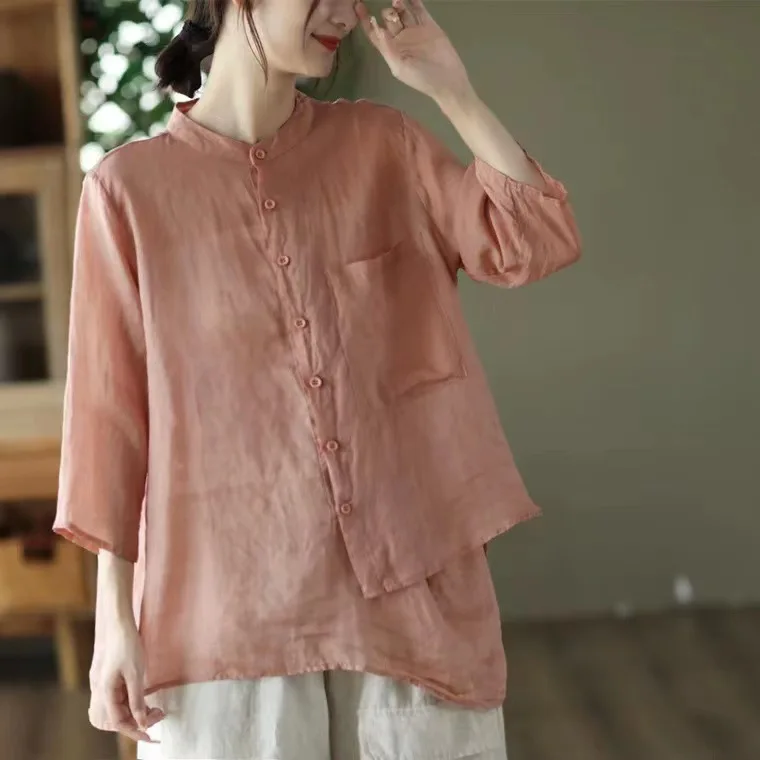 여름 신상 여성 패션 단색 셔츠 고급 린넨 00% 소재 봄 신상품 기타 브랜드