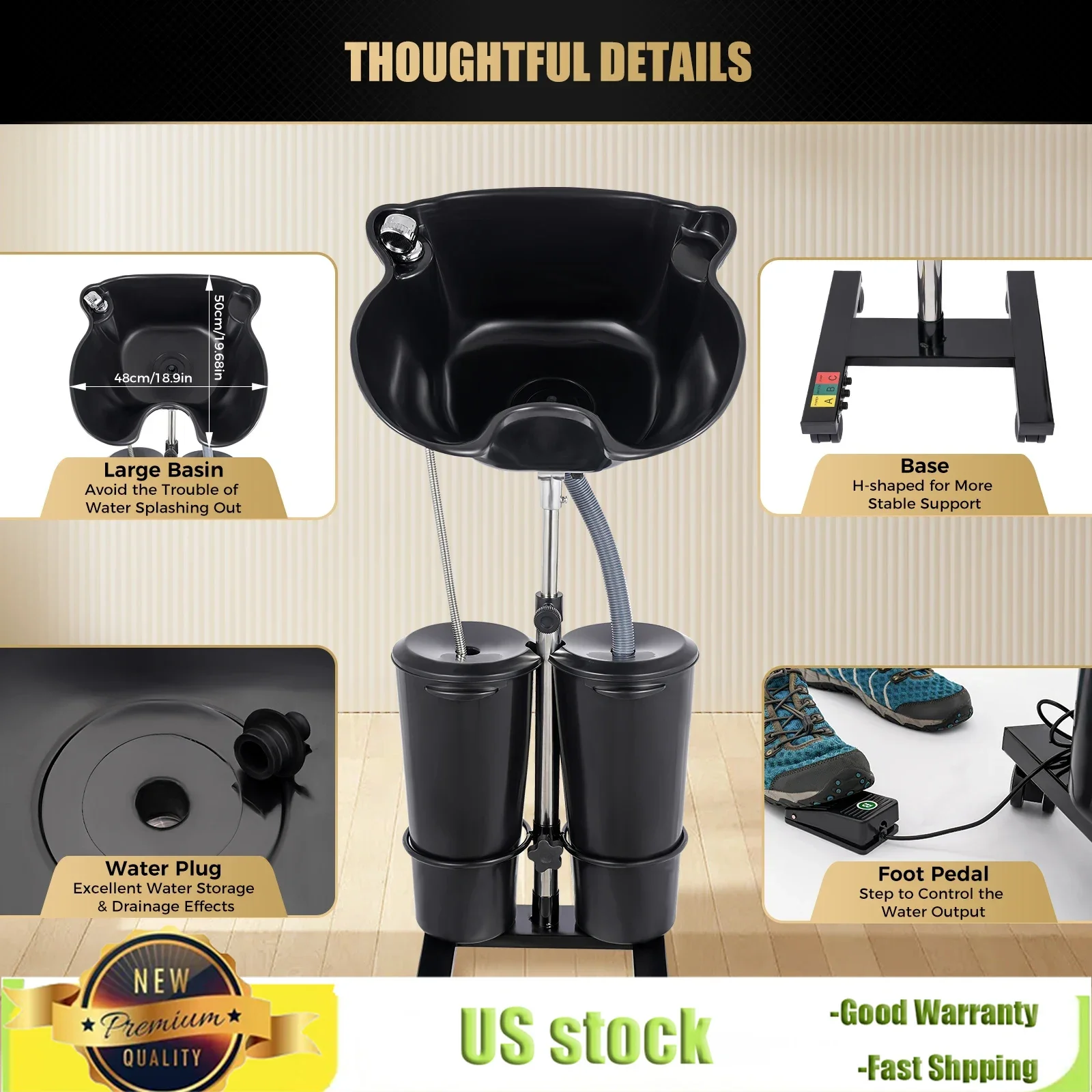 Bymaocar Dual Bucket ขนาดใหญ่แนวตั้งไม่ดัดผมอ่างล้างหน้าปรับความสูงและมุมล้อสําหรับ Salon Stylists