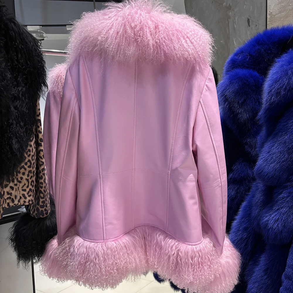 YOLOAgain Real Mongolia Sheep Fur Collar Real Leather Jacket Coat Women