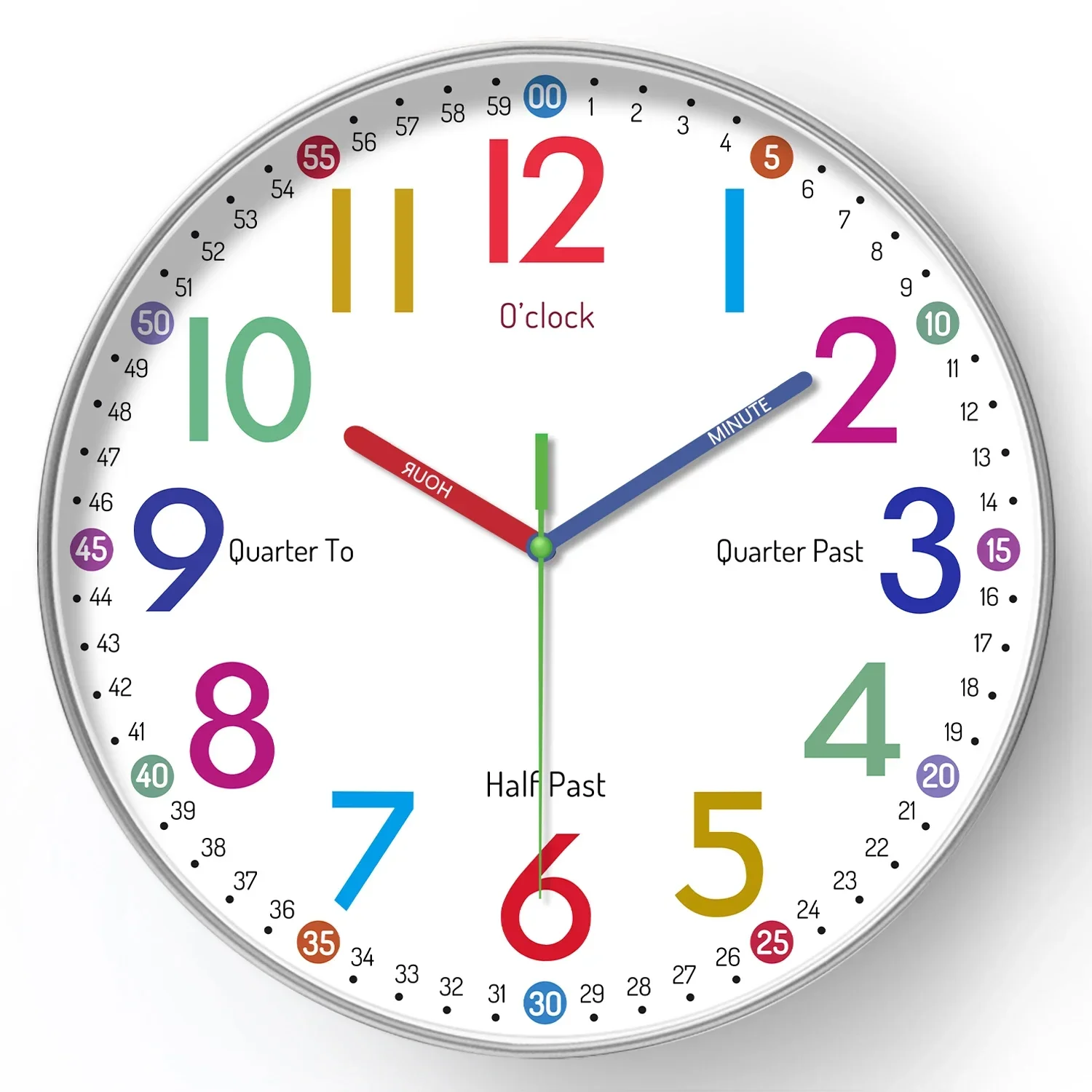 12 inch Early Childhood Education Clock Mute Home Living Bedroom Wall Punch-free Battery Powered Electronic Color Clock