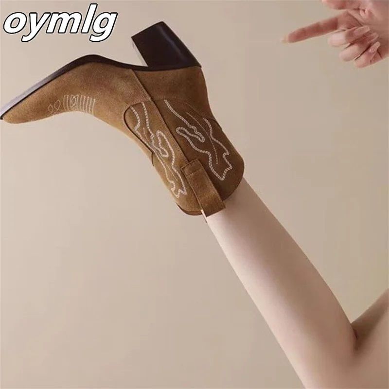 

Embroidered Large Size Short Boots for Women New Solid Color Pointed Thick Heel High Heel Short Boots for Women and Naked Boots