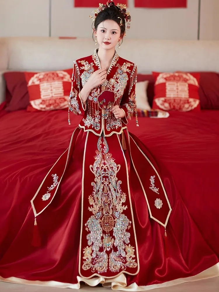 

New velvet dress for brides Chinese-style wedding women large-sized