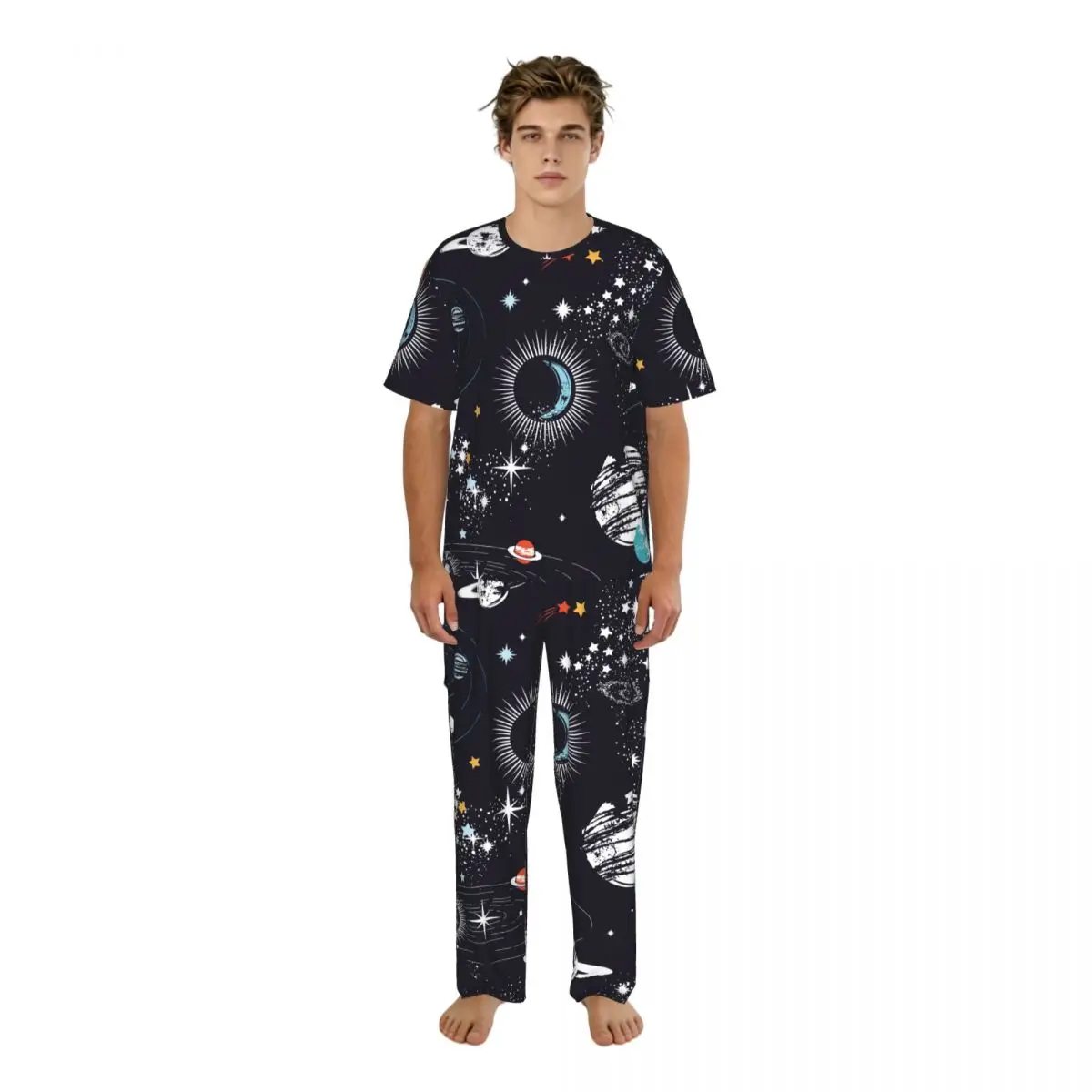 

Мужской пижамный костюм с короткими рукавами и длинными брюками, пижама с изображением космических галактик, созвездий, зодиака, звезд, летний комплект домашней одежды