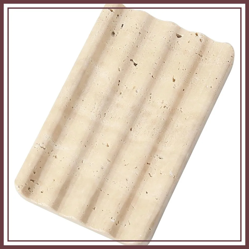 

Natural Travertine Soap Dish for Bathroom Shower, Stone Soap Tray with Stripe Grooves Keeps Soap Dry