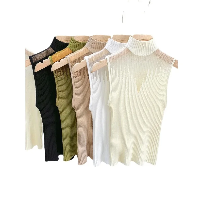 Women Slim Knitted Vests Summer Female Turtleneck Sleeveless Solid Stretch Camis Tank Tops