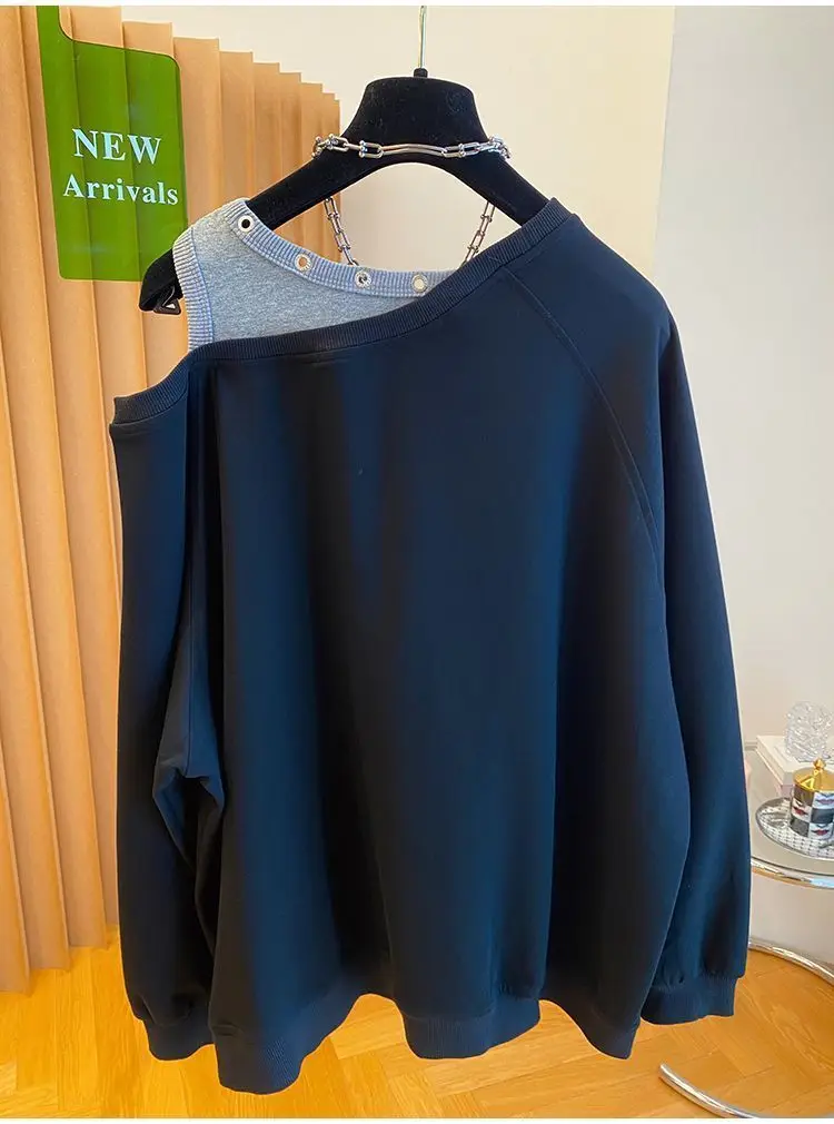 Fake Two Piece Casual Oversized Off Shoulder Sweatshirt Tops Women Designer Hollow Out Sweatshirt Fall Hoodie Jacket Outwear