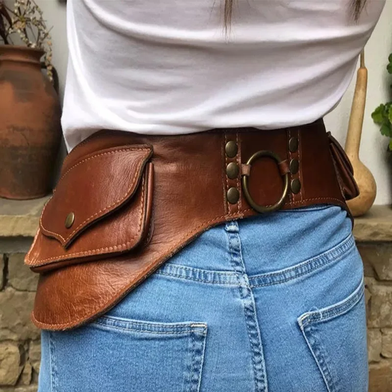 Steampunk Women Leather Hip Pouch Utility Belt Fanny Pack For Sport Hiking Travel Festival Purse Phone Messenger Waist Bum Bag