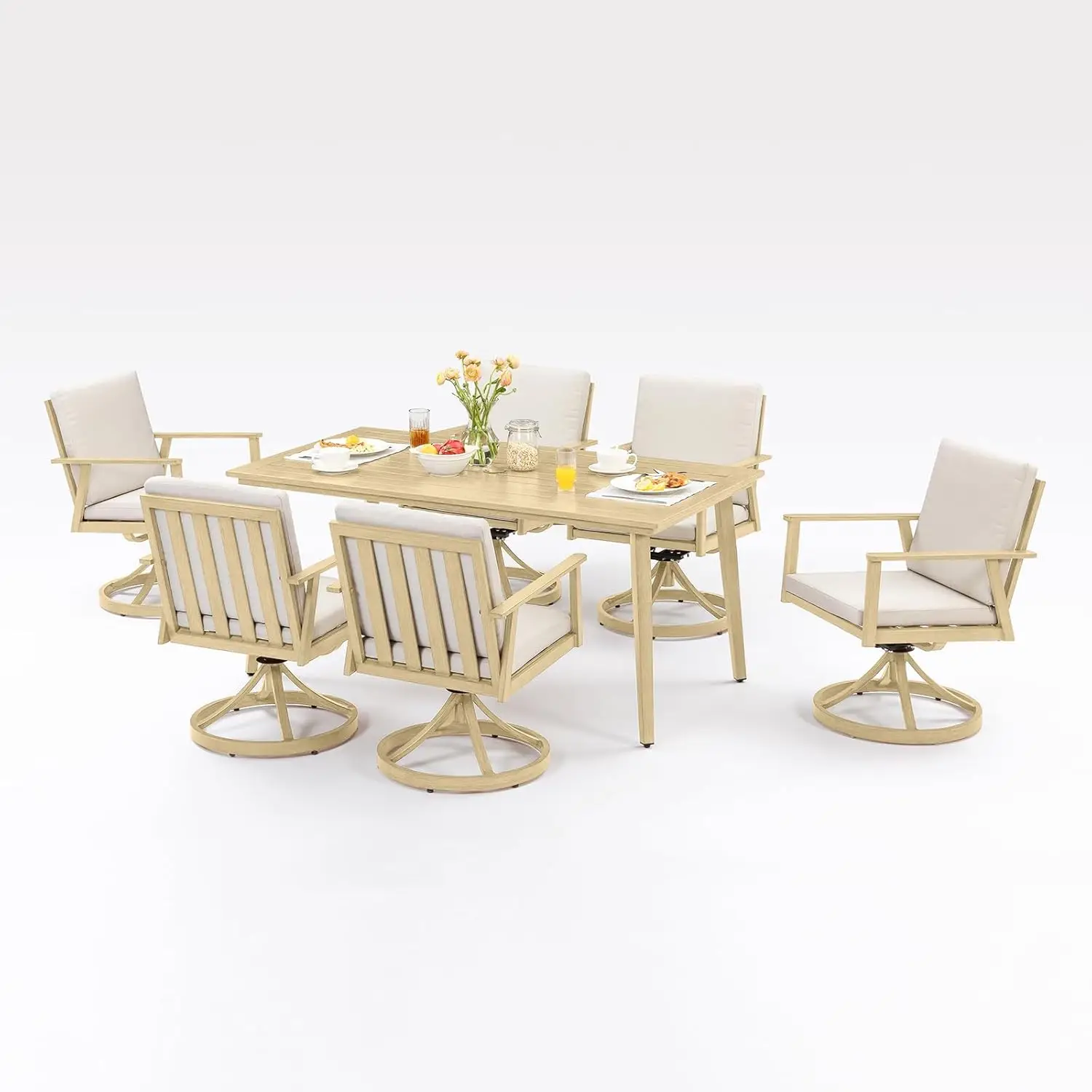 

Комплект для уличной обеденной зоны из 7 предметов, нержавеющий алюминиевый поворотный обеденный набор для патио с отверстием для зонта, вращение на 360° ° Вращающийся уличный светильник, настраиваемый под заказ