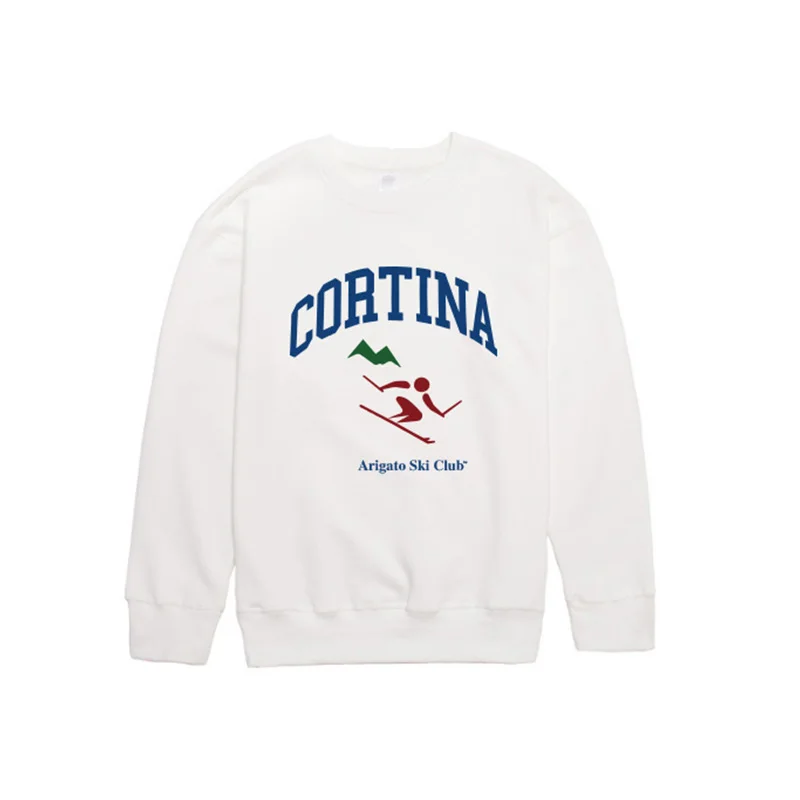 American Vintage Style Cortina Arigato Ski Club Printing White Loose Sweatshirts 2024 Autumn Crewneck Thick Warm Outfits Pullov