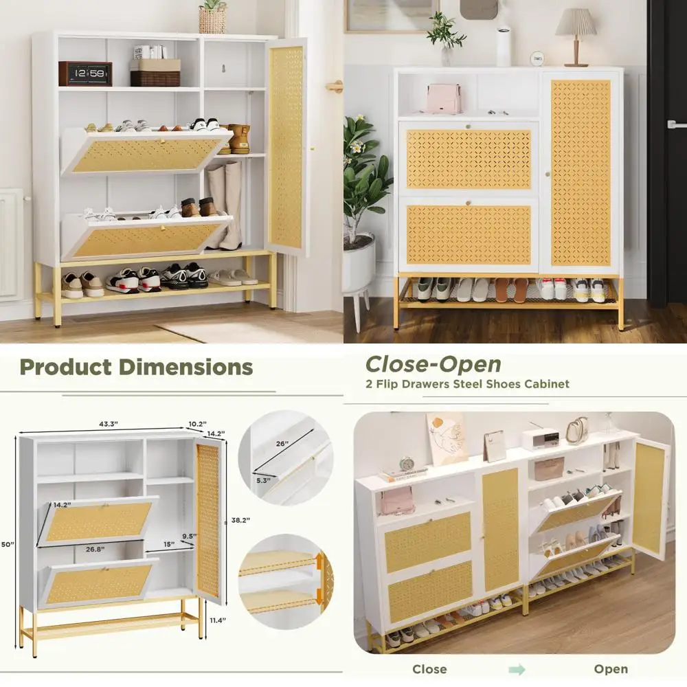 

Metal Shoe Storage Cabinet with Flip Drawers and Open Shelves - Narrow Entryway Shoe Organizer with Door