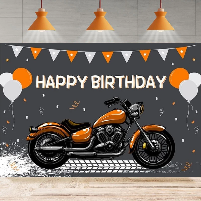 Photography Backdrop Orange Motorcycle Motocross Racing Balloon Happy Birthday Extreme Sports Background Party Backdrop Wall