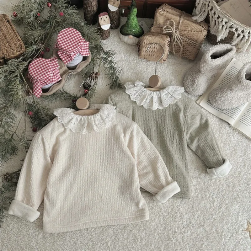 

Newborn Baby Girl Cotton Lace Collar Fleece Inside Shirt Infant Toddler Solid Long Sleeve Ruffle Pullover Winter Clothes 9M-2T