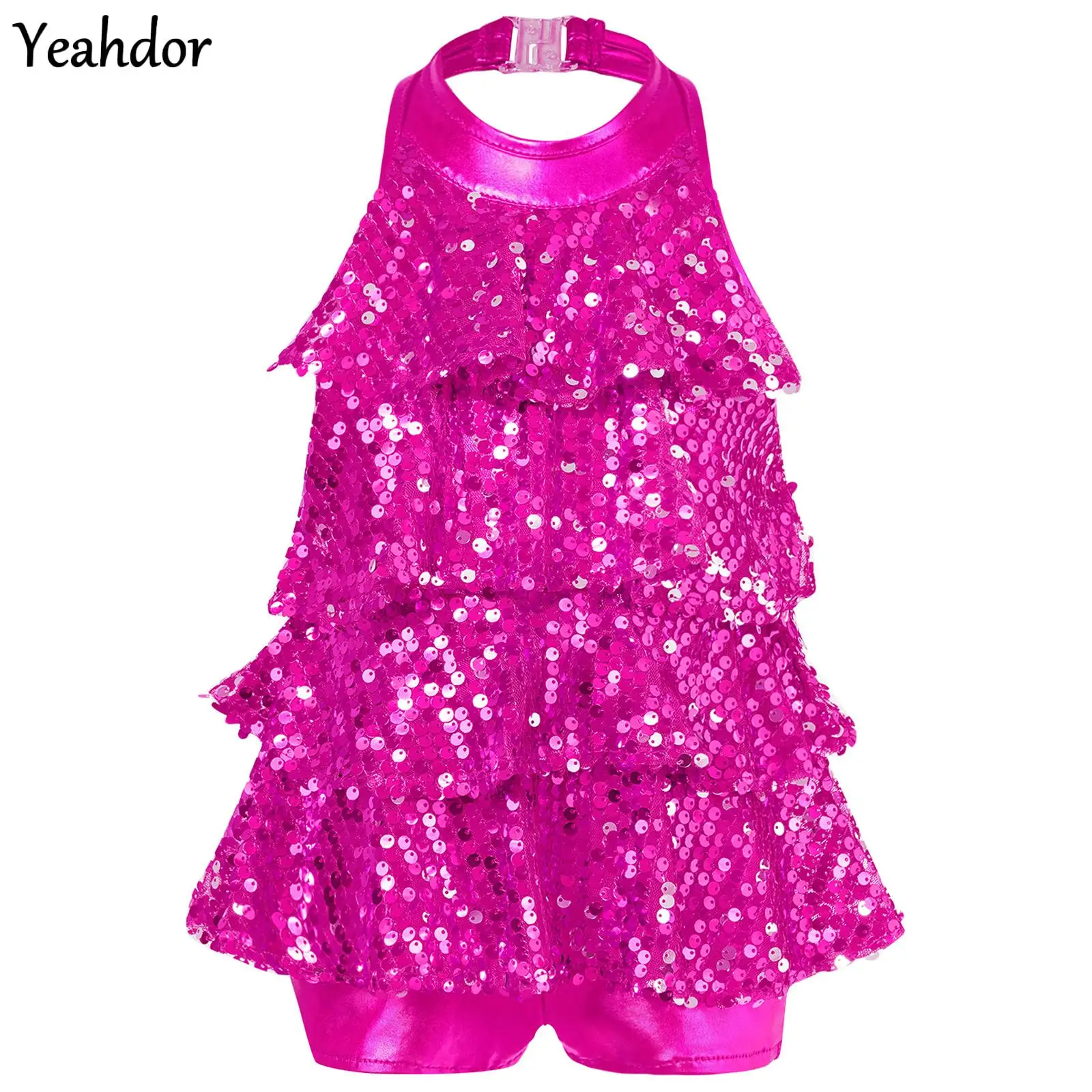 

Girls Jazz Dance Leotard Shiny Sequins Halter Ballet Dance Shorty Unitard Dress Modern Latin Salsa Samba Rumba Dance Costumes