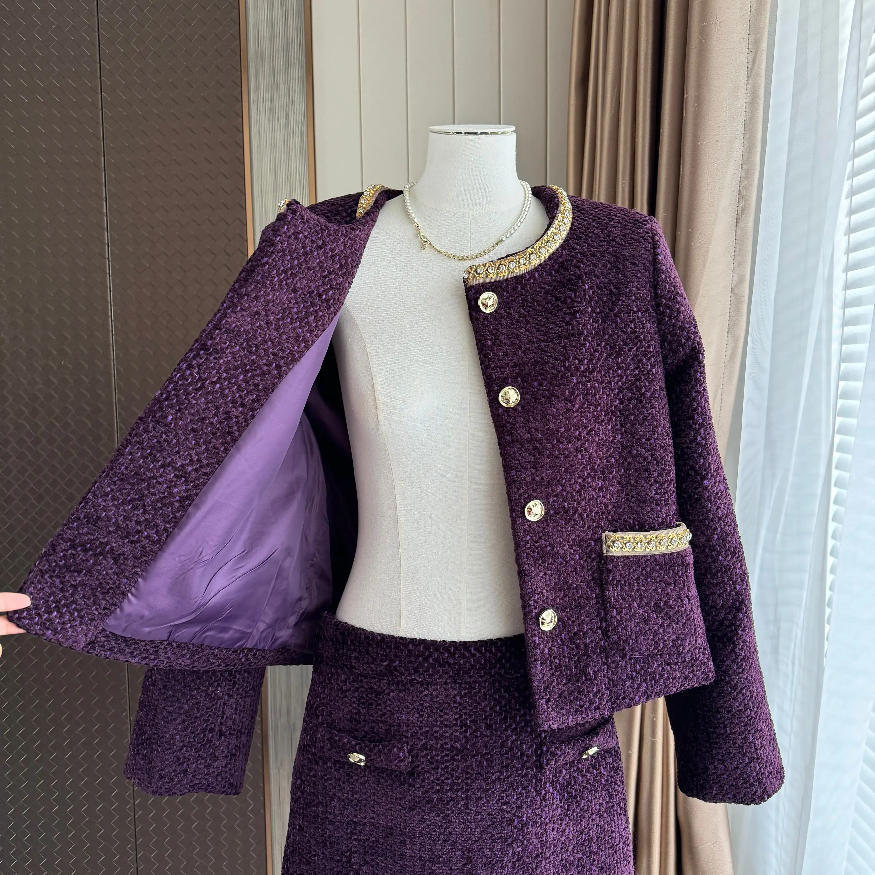 Luxury Korean Fashion Vintage Women Autumn Winter Tweed Beading 2 Piece Set Short Coat Outwer+Casual Party Mini Skirts Sets