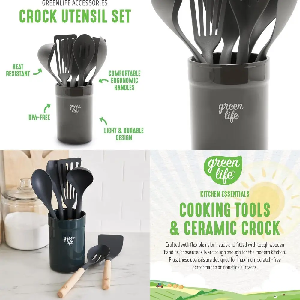 

7-Piece Black Nylon & Wood Kitchen Tool Set with Heat-Resistant Ceramic Crock Holder & BPA-Free Utensils