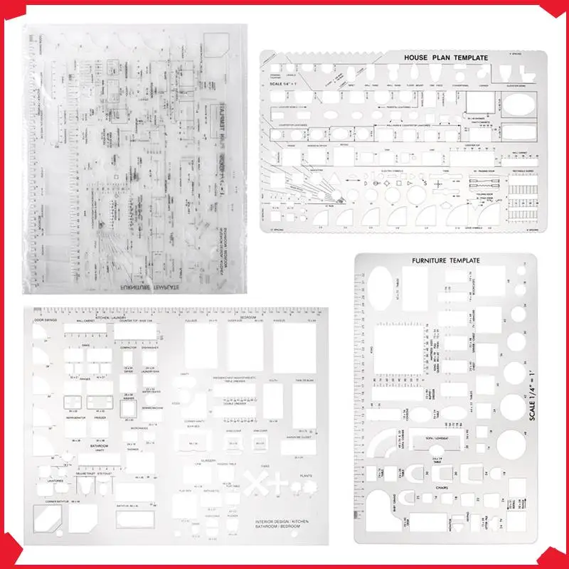 

B17B Drafting Tools And Ruler Shapes For Architecture - Set Of 3 For House Plan Furniture Kitchen, Building, Interior Design
