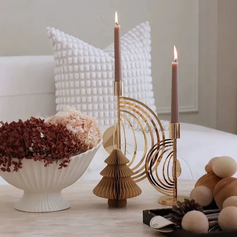 Luxury Golden Metal Candlestick Holder Retro Semi Circular Rotating Design Stainless Steel Craft Home Decor Ornament High