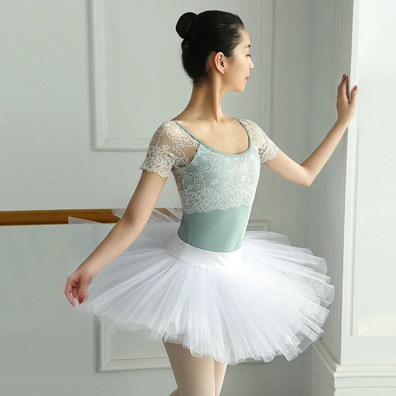 Ballet Leotard Adult Swimsuit for Dancing Women Dancewear Short Sleeve Lace Leotards Gymnastic Ballerina Classic Dance Costume