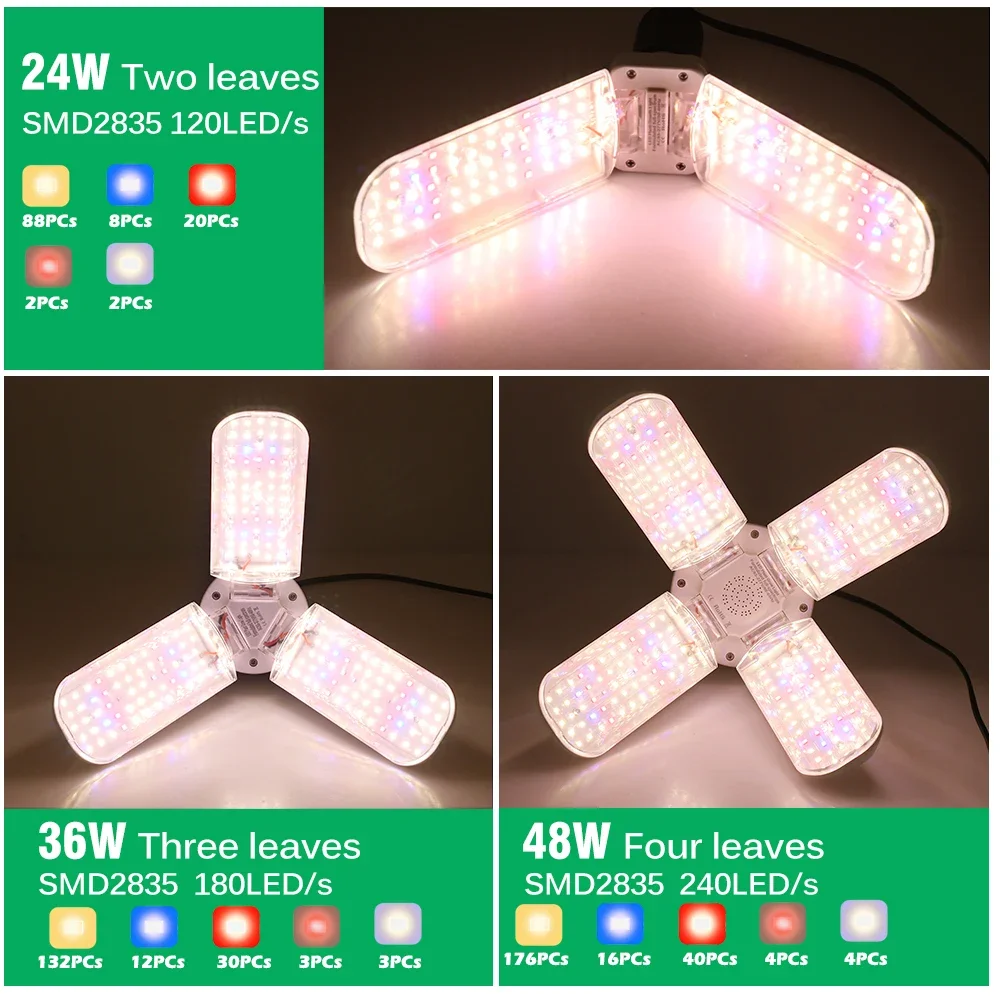 Foldable Full Spectrum LED Grow Light, Planta Crescente Luz, Phytolamp Bulb, Plantas de Interior, Flower Seedling, E27, 24W, 36W, 48W