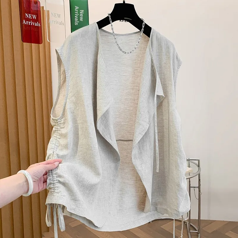 

Elegant Linen Sleeveless Vest Women Summer Color Loose Side Drawstring Outerwear Crossbody Shoulderless Tank Top