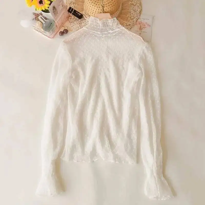 

Lucyever водолазка сетчатая перспективная блузка женские летние тонкие прозрачные кружевные топы женские элегантные рубашки с длинными расклешенными рукавами