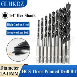 1.5-10mm Three Pointed Woodworking Drill Bit 1/4 Hex Shank Woodworking Specialized Drill Bit Woodworking Hole Reaming Power Tool