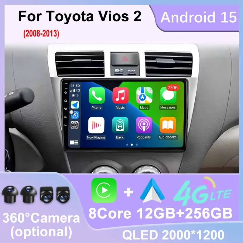 

9'' QLED Screen Android 15 Car Radio Multimedia Player For Toyota Vios 2 2007 -2013 Auto Carplay GPS 4G WIFI BT DSP Autoradio