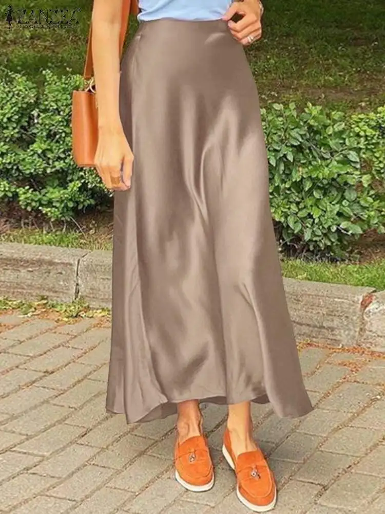 ZANZEA Women Elegant Satin Silk Long Skirts Summer High Waist Casual Solid Party Skirt Faldas Saia Female Stylish Work OL Jupe