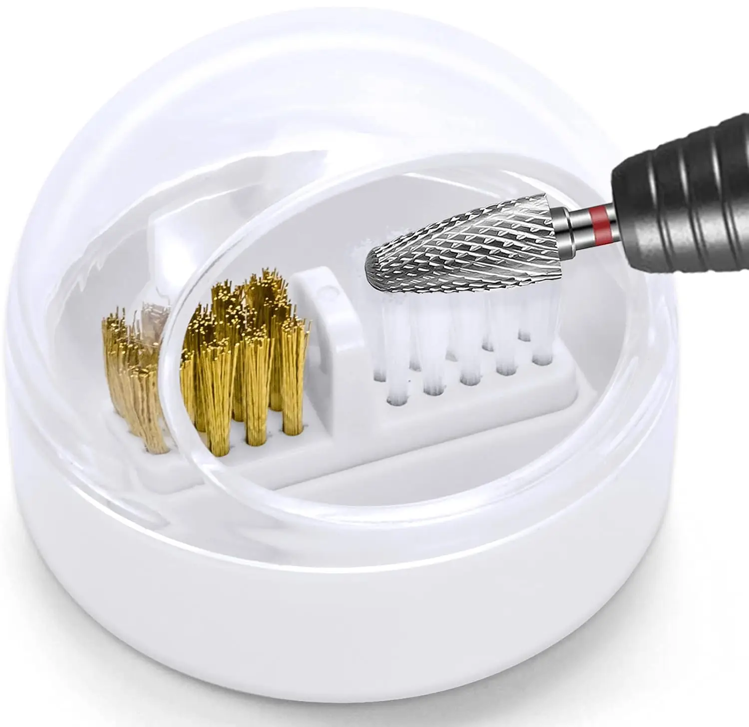 

Nail Drill Bit Cleaner Box with Steel & Nylon Brushes, Anti-Splash, Removable, Washable