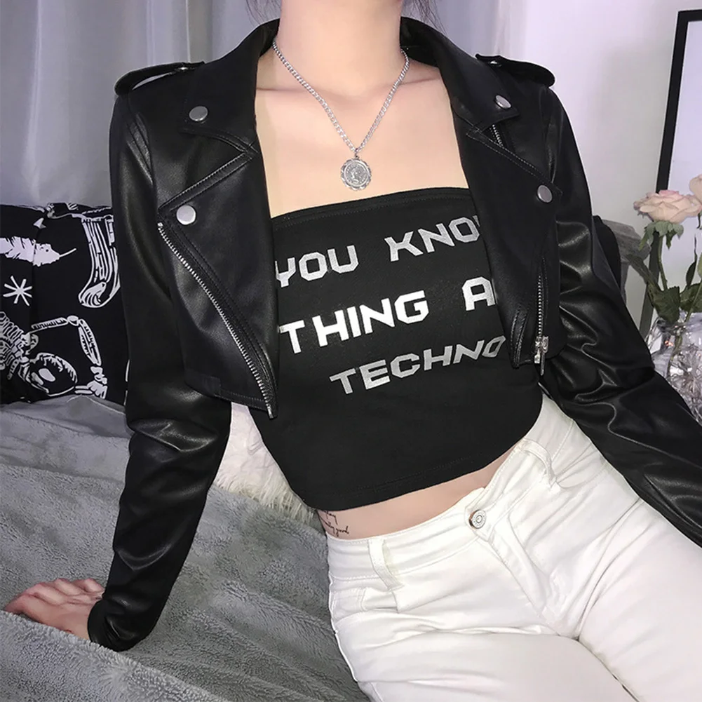 Women PU Leather Jacket Classic Gothic Soft Black Faux Leather Short Motorcycle Jackets Rivet Zipper Streetwear Punk Emo