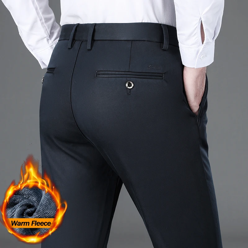 

Зимние флисовые мужские повседневные брюки, теплые плюшевые бархатные классические эластичные деловые офисные брюки с высокой талией, прямые брюки, термоодежда