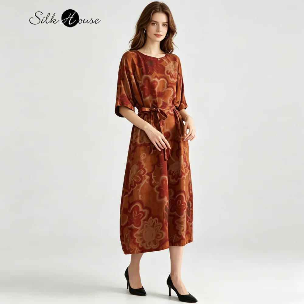 Women's Fashion Summer New Double Sided Wear 100% Natural Mulberry Silk Red Cloud Yarn Waist Up Shoulder Short Sleeved Dress