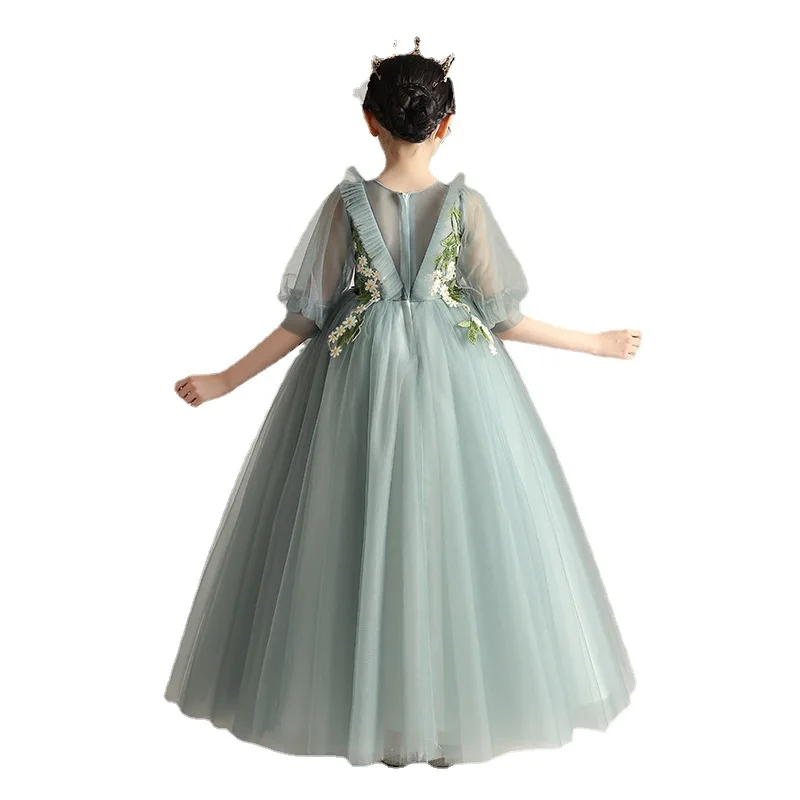 Kids Flower Girls Sage Green Tulle Floor-Length Princess Dress for Birthday Floral Pageant Wedding Party Gown 2-6Y 2023 Summer