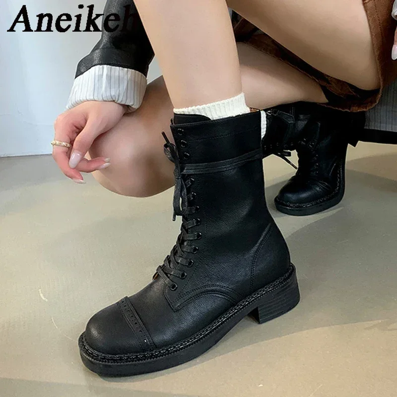 

Aneikeh/зимние полусапоги, модная женская обувь на низком квадратном каблуке с круглым носком, лаконичная обувь из искусственной кожи на толстой подошве, Botas Mujer